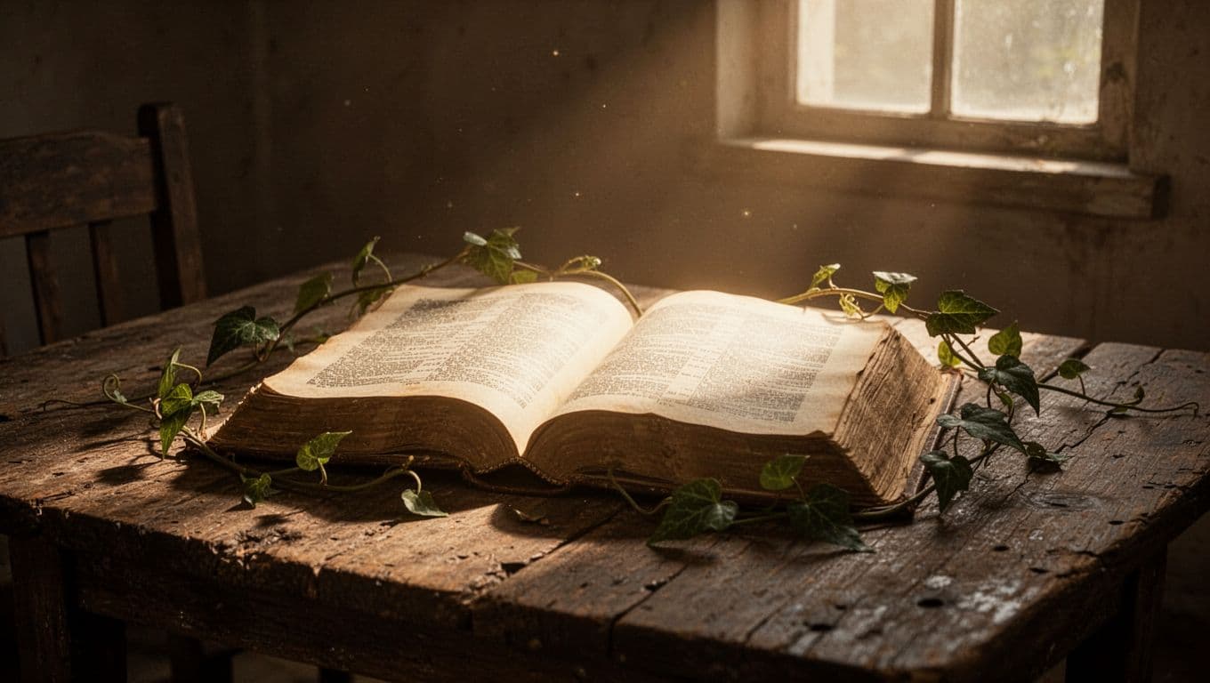 A single open Bible on a wooden table in a dimly lit room, pages glowing softly symbolizing the Holy Spirit, surrounded by subtle vines representing growth, in cinematic style with dramatic lighting.