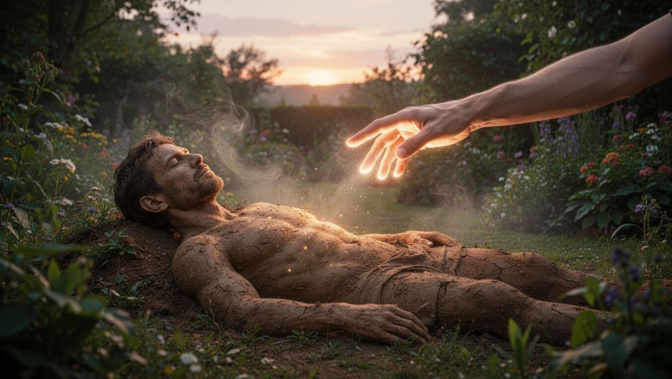The divine hand of God breathes life into Adam, formed from dust in the Garden of Eden, with Adam awakening in a glow amid lush mist at dawn. Cinematic scene with dramatic sunrise lighting, strong contrast, and depth.