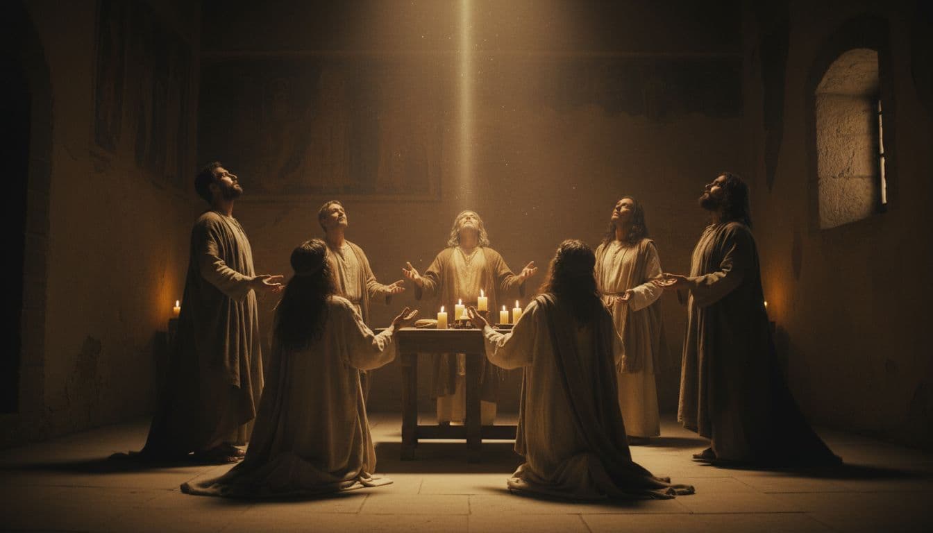 Soft glowing light descends over six believers praying in an ancient upper room, faces uplifted amid candle shadows.