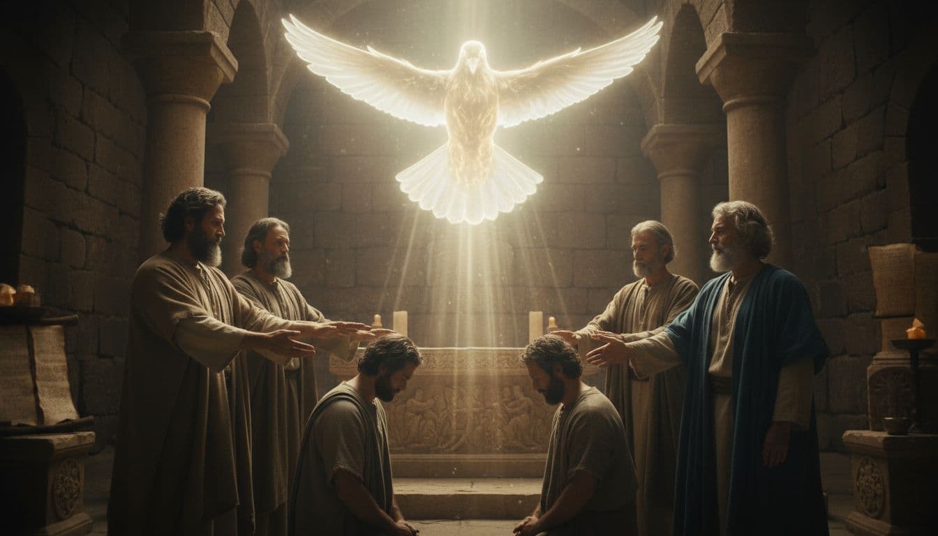 Glowing dove descends over prophets and teachers laying hands on Barnabas and Saul in ancient setting.