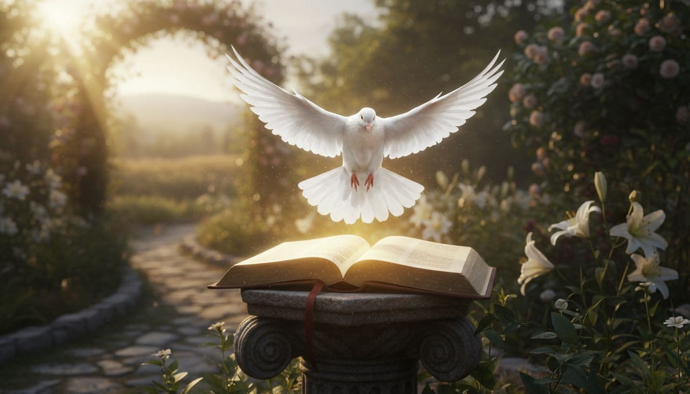 Symbolic representation of the Holy Spirit as a gentle dove descending over an open Bible glowing softly in a peaceful outdoor garden at dawn, with cinematic style, soft golden light, strong contrast, and depth.