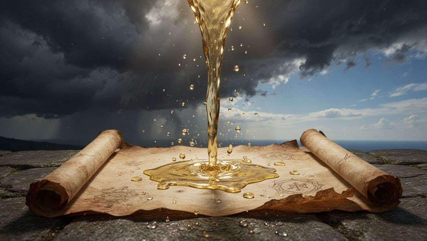 Golden light pours like oil onto an open ancient scroll with water droplets against a stormy sky clearing to blue.