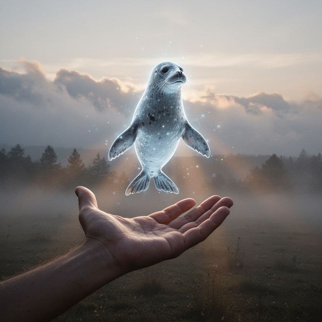 A glowing ethereal seal symbolizing the Holy Spirit's sealing floats above an open hand in a misty dawn landscape with cinematic dramatic lighting and rays breaking through clouds.