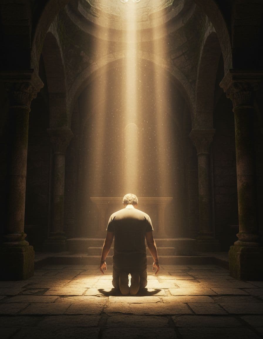 A lone figure kneels in humble prayer in a softly lit ancient stone chapel, with an ethereal golden light beam from above symbolizing the Holy Spirit's comforting presence amid prayer struggle.
