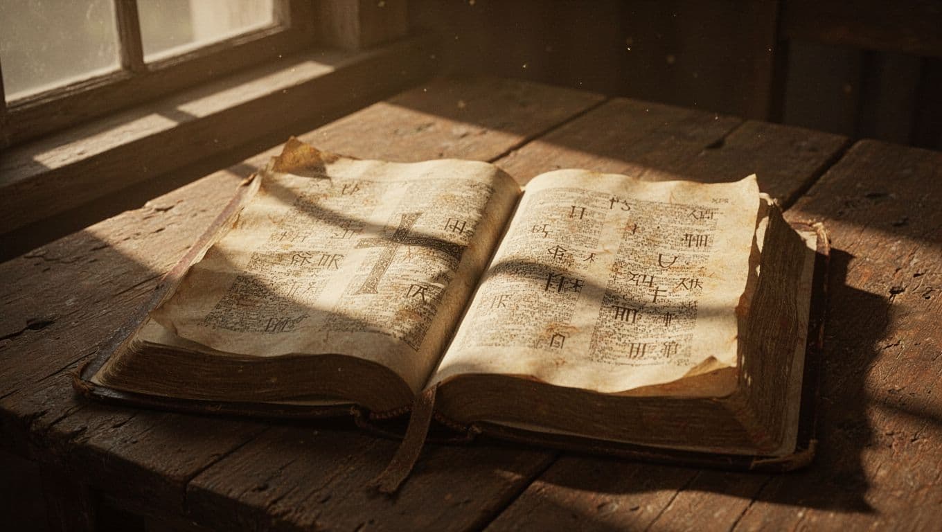 Open ancient parchment Bible on a rustic wooden table turned to Isaiah chapter 53 with faint Hebrew script, soft warm natural light, and a subtle cross-shaped shadow across the page in cinematic style.