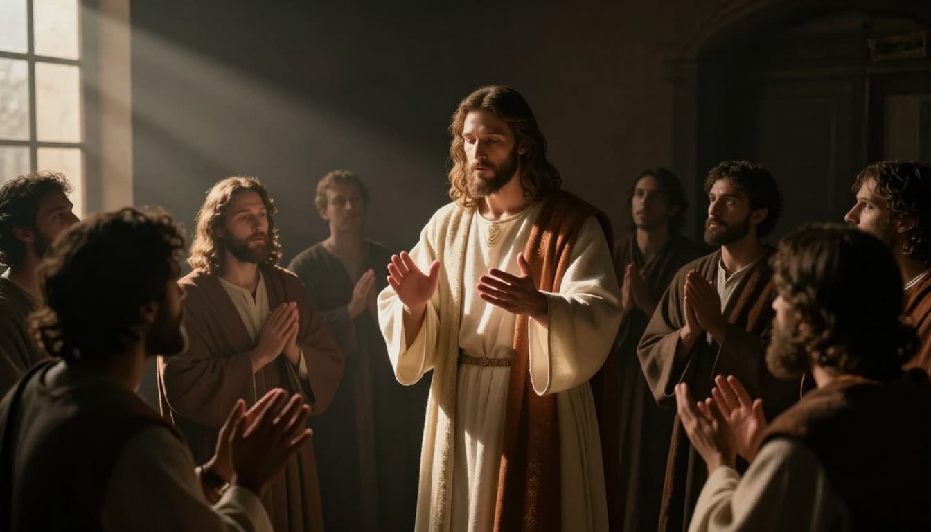 In a dimly lit upper room on resurrection evening, Jesus stands before his ten awe-filled disciples, gently extending his hands to breathe the Holy Spirit toward them, with warm window light casting dramatic shadows in cinematic style.