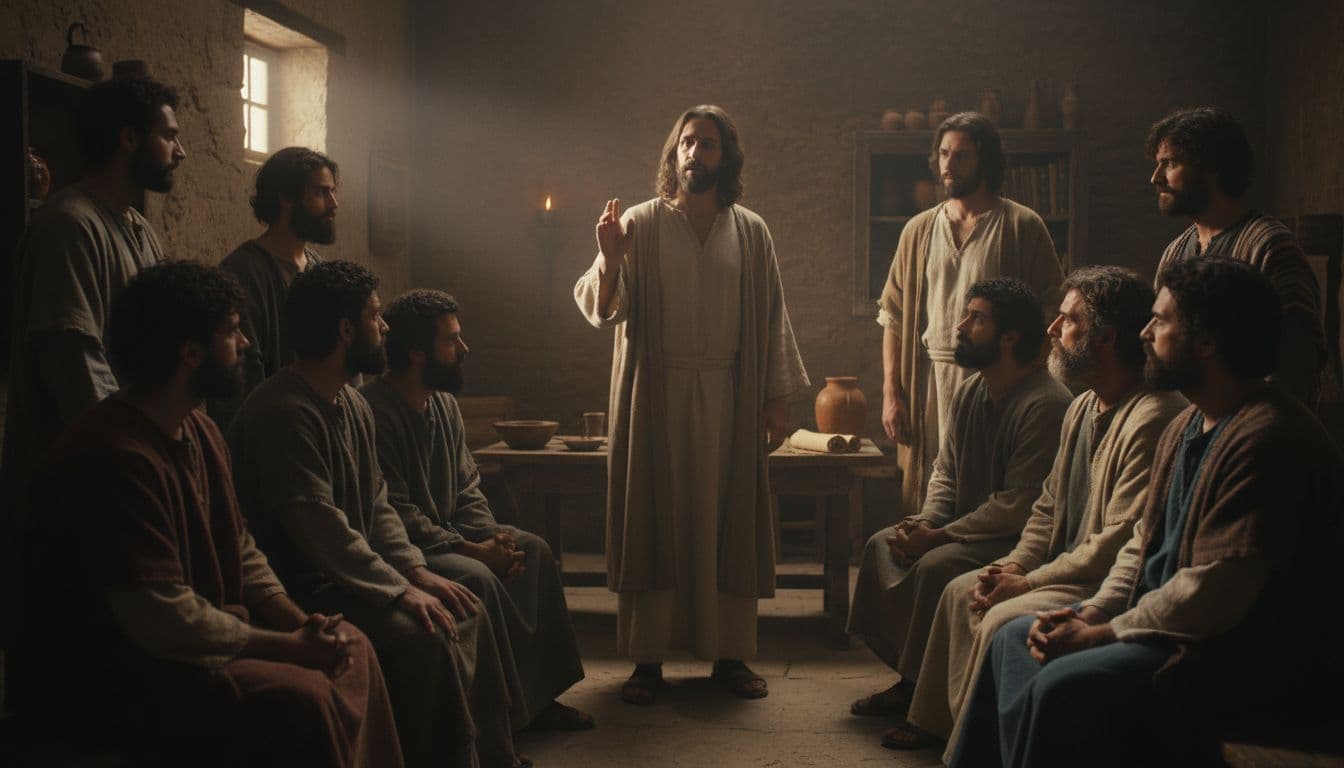 In a dimly lit ancient upper room in Jerusalem, Jesus Christ stands at the center speaking gently with hand raised to his eleven attentive disciples, soft window light casting dramatic shadows in cinematic style.