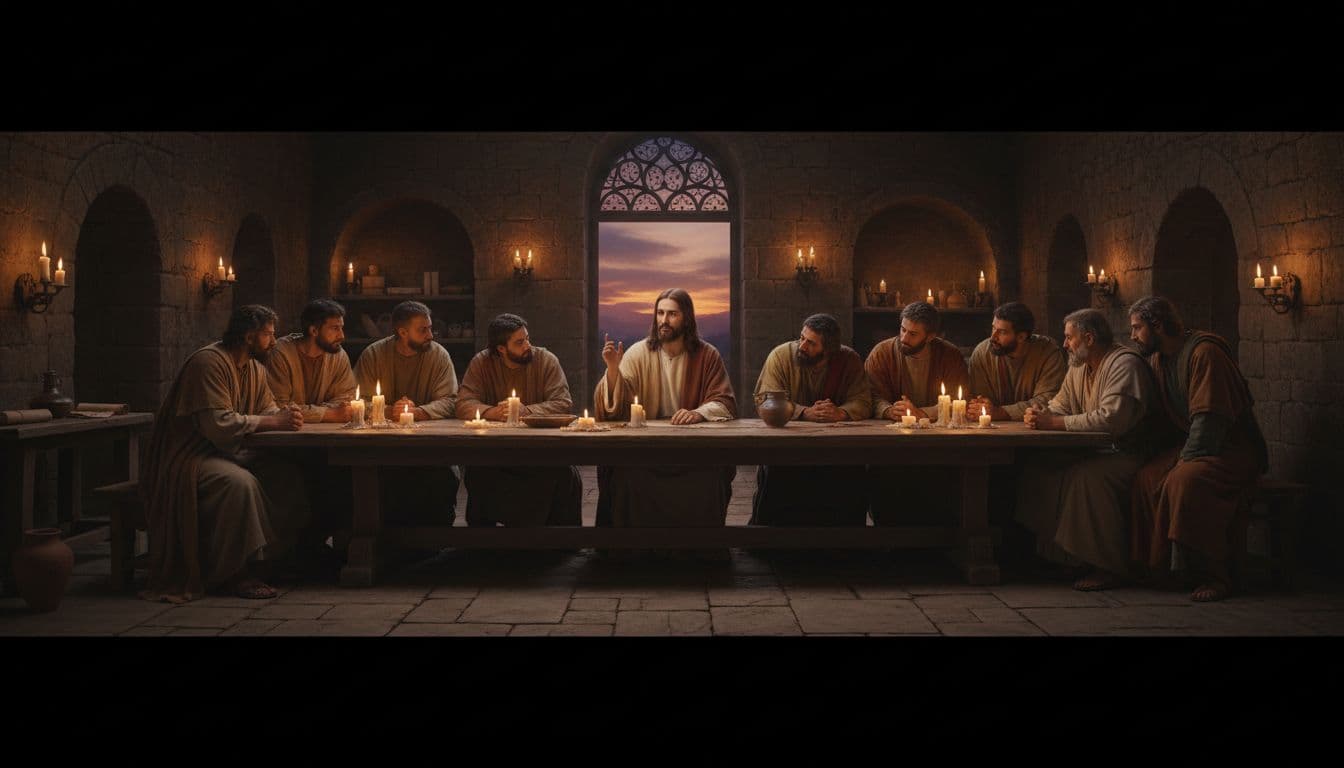 A serene ancient evening room illuminated by warm candlelight, with Jesus centered at a table gesturing gently to his twelve disciples gathered around listening intently, in cinematic style with dramatic shadows and strong contrast.