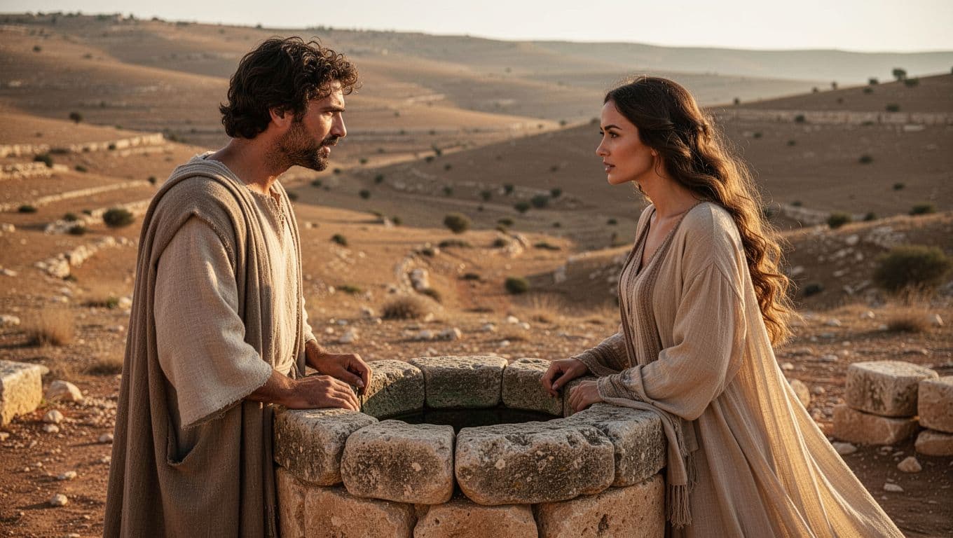 Jesus in simple robes converses intently with a Samaritan woman in flowing garments at an ancient stone well in a sunlit arid Judean landscape, facing each other across the well edge in a medium close-up with warm earth tones and dramatic side lighting.