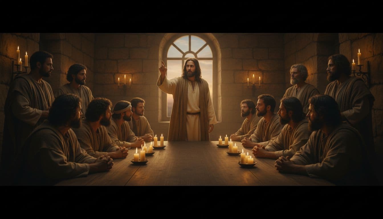 In an upper room at dusk, Jesus gestures emphatically to his twelve disciples about the coming Helper, with warm candlelight casting long shadows and dramatic cinematic lighting.