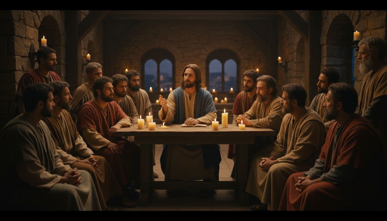 Jesus Christ gestures while teaching his exactly twelve disciples seated attentively in an ancient upper room illuminated by evening candlelight, capturing the intimate farewell moment promising the Holy Spirit.