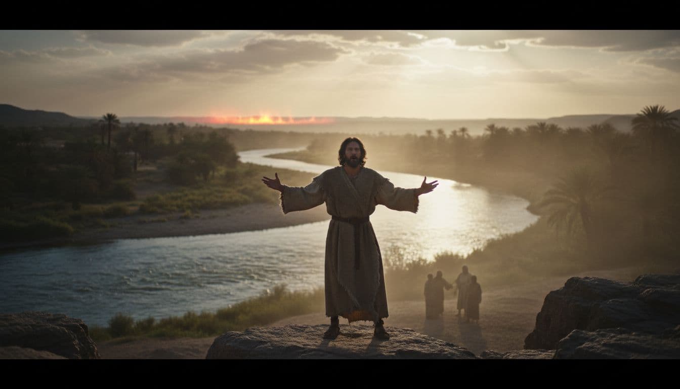 John the Baptist stands by the Jordan River preaching to a small crowd of listeners, with the river in the background, warm sunlight filtering through clouds, and a subtle fiery glow on the horizon in a cinematic style with strong contrast and dramatic lighting.