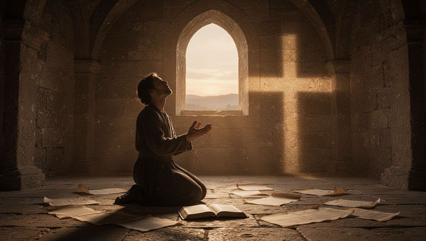 Silhouette of one person kneeling in prayer in an ancient stone room, bathed in soft dawn light from an arched window, with an open Bible on the floor and a subtle cross in the light beam.