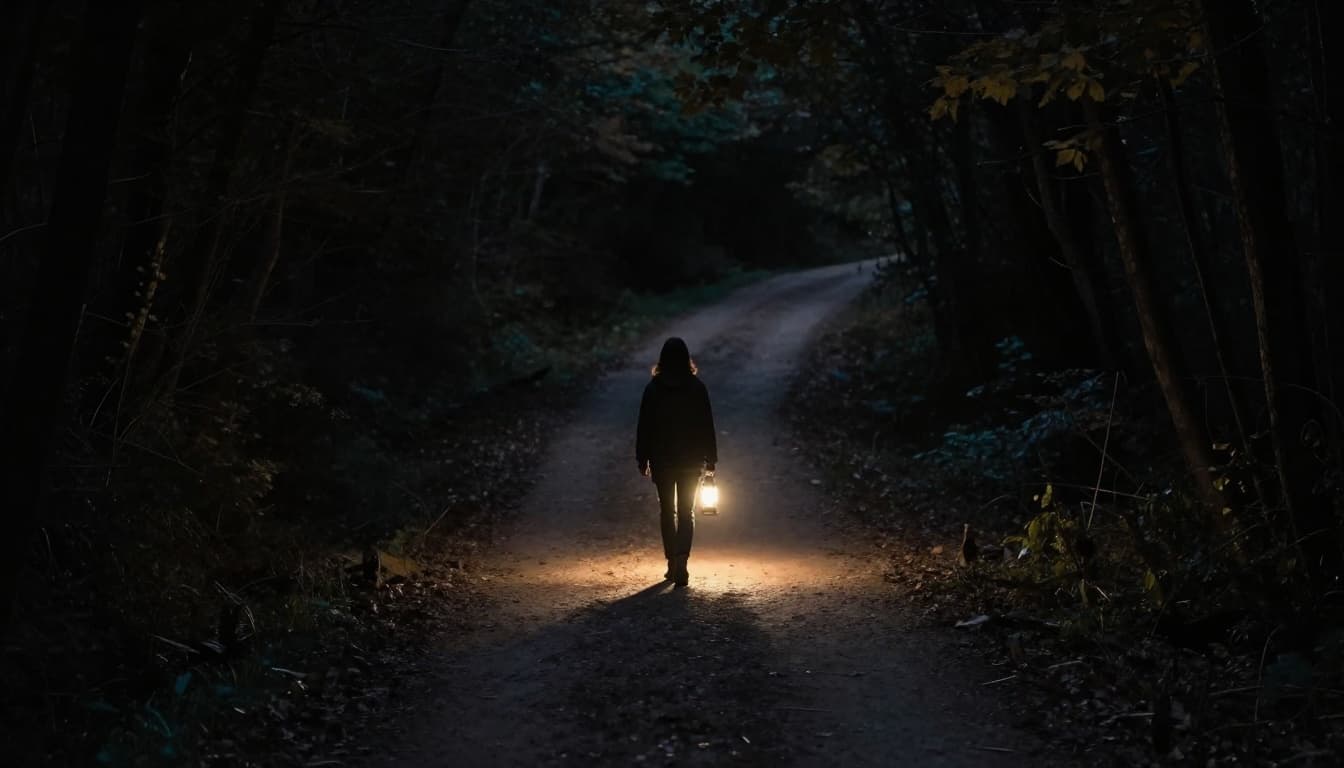 A solitary figure walks a winding forest path at dawn, guided by a gentle glowing light like a heavenly lantern, in cinematic style with earthy tones, high contrast shadows, and serene atmosphere.