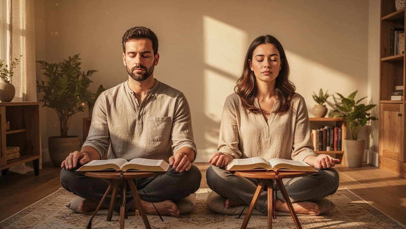 Two modern believers, a man and a woman, sit quietly in a sunlit home prayer room with open Bibles, eyes closed in prayer, bathed in soft golden light with cinematic depth and warm earthy tones.
