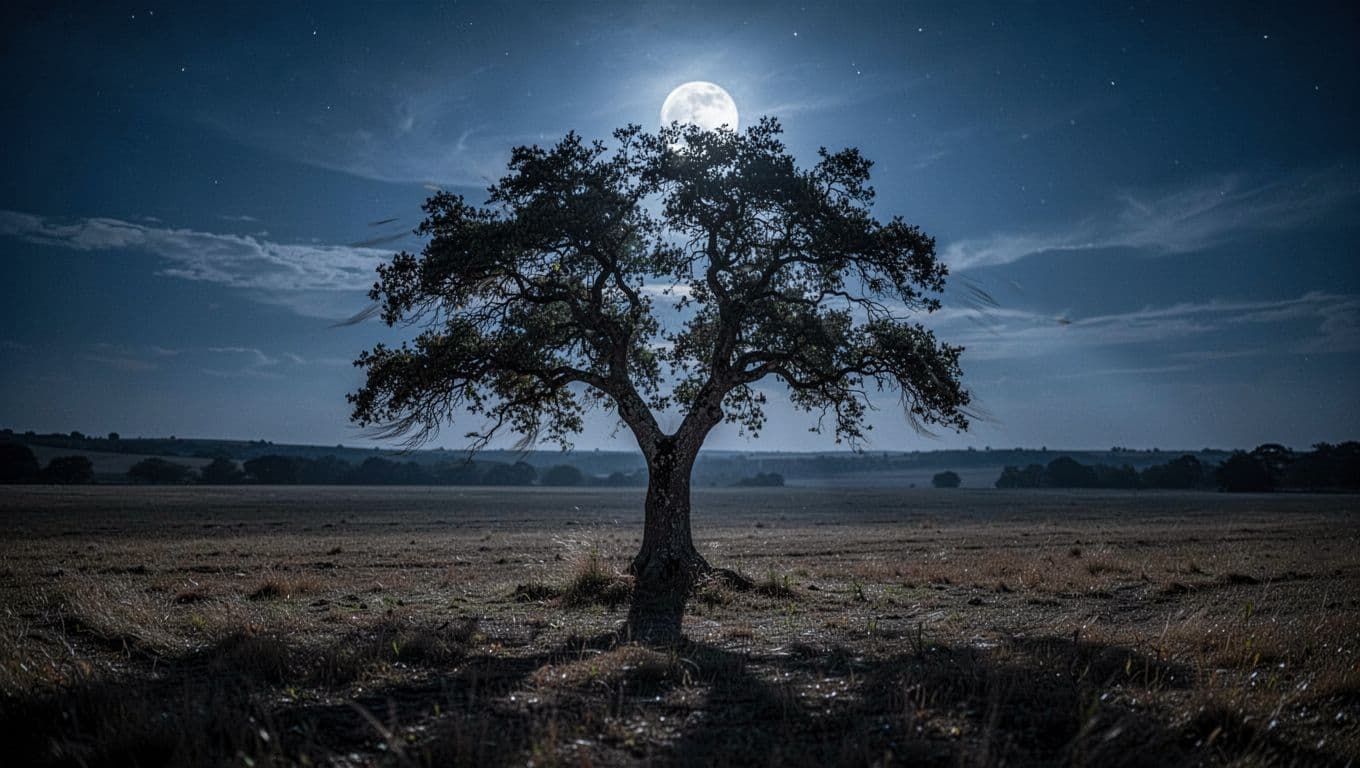 Gentle wind rustling leaves on ancient trees in a moonlit field at night, featuring one prominent foreground tree with swaying branches and a wide open landscape in the background. Cinematic style with strong contrast, deep shadows, and dramatic volumetric moon lighting.