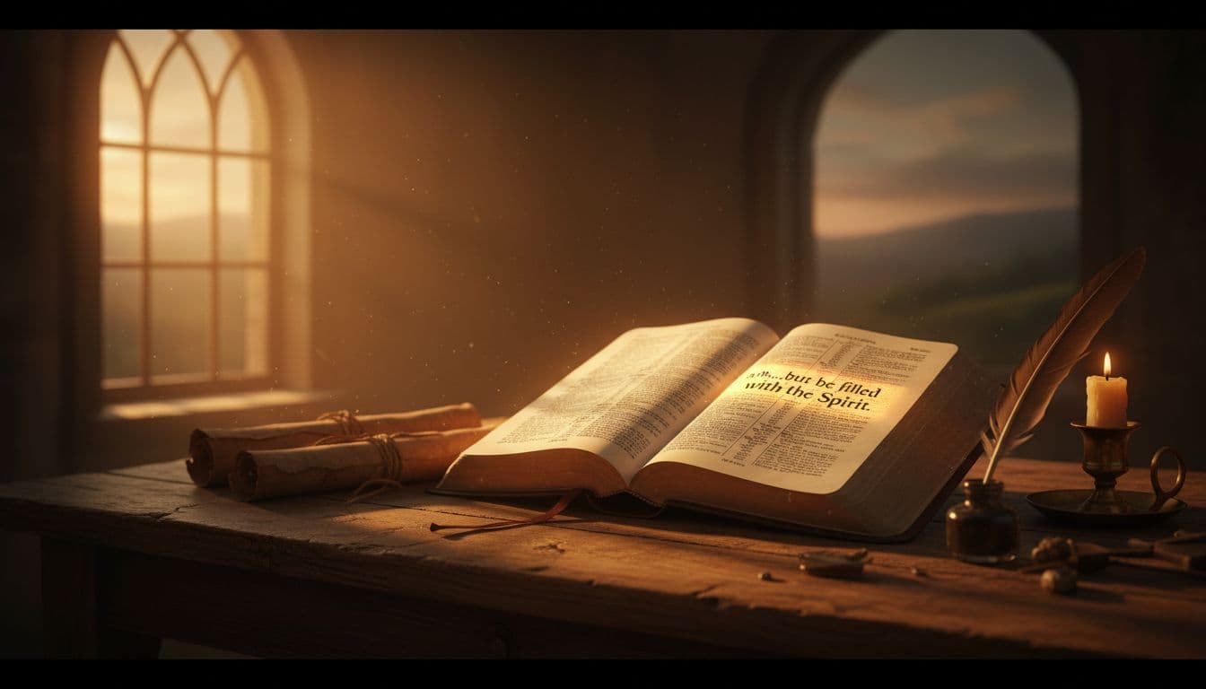 An open Bible rests on an ancient wooden desk bathed in soft evening light from a window, with the page turned to Ephesians 5:18 highlighted by a subtle glow in a cinematic style.