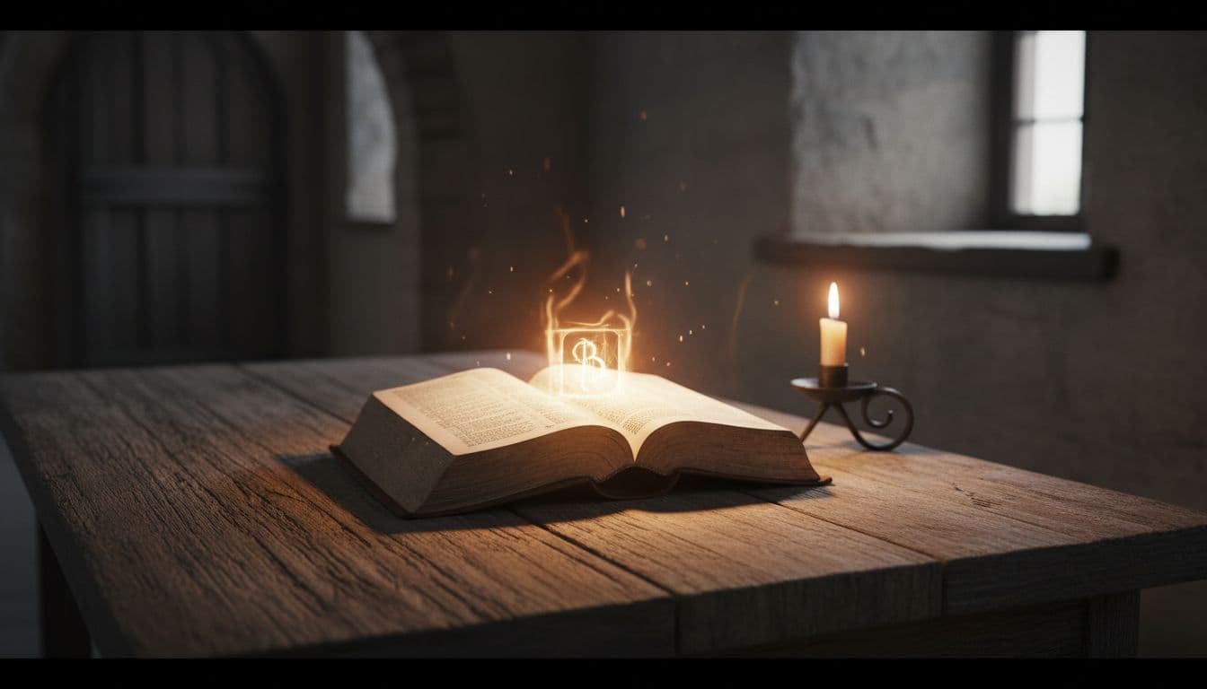 An open Bible rests on a rustic wooden table with pages turned to Romans chapter 8, featuring a faint glow on the text and warm candlelight casting dramatic shadows. Cinematic style with strong contrast, depth of field, and a serene reverent atmosphere.