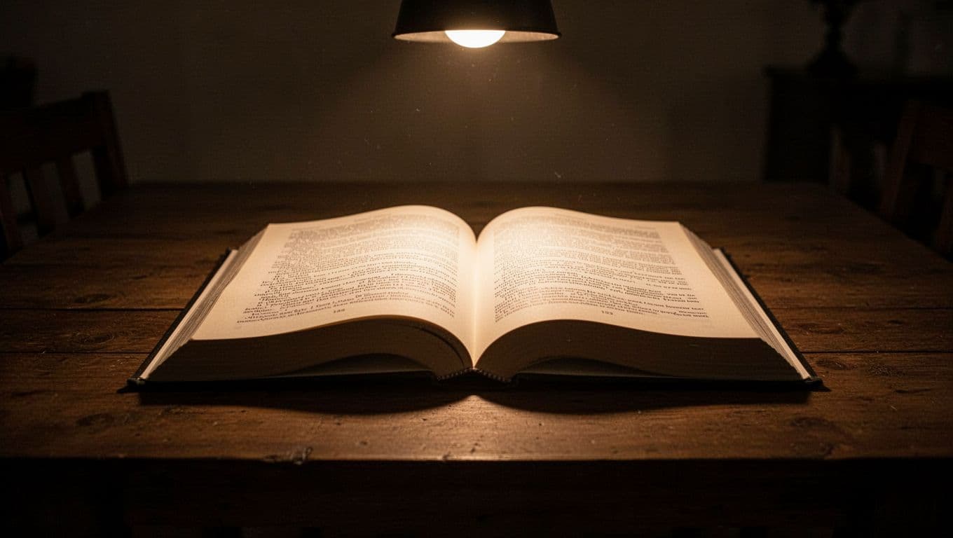 An open Bible rests on a wooden table in a dimly lit room, page turned to Ephesians chapter 4, with soft warm light highlighting the text and dramatic shadows from a single source in cinematic style.