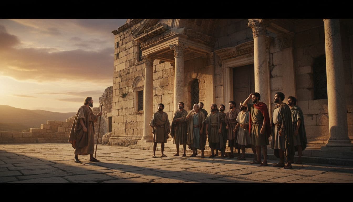 Ancient Ephesus synagogue exterior at dusk with Paul the Apostle in robes approaching twelve surprised disciples gathered outside, illuminated by warm golden light casting long shadows in a dramatic cinematic style.