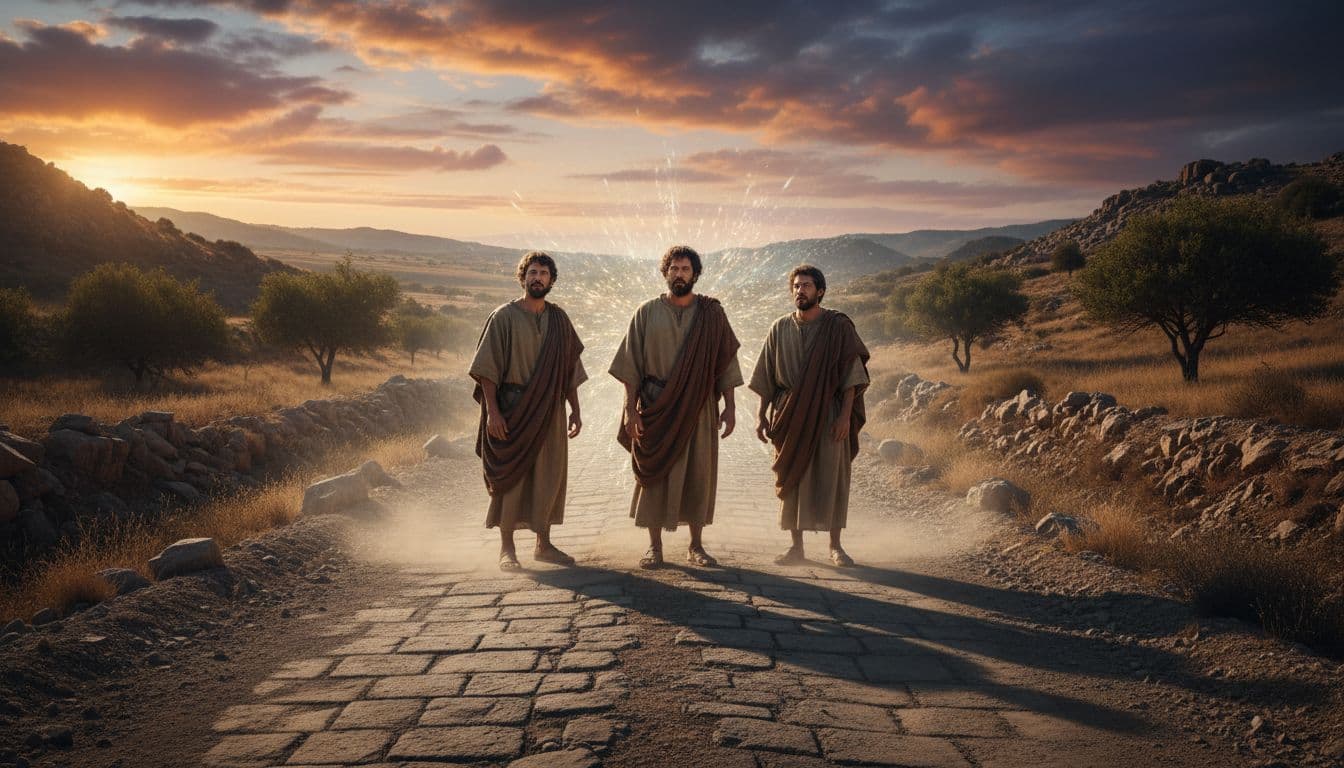 Three robed men walk dusty ancient Roman road, looking puzzled ahead amid rugged hills at golden hour.
