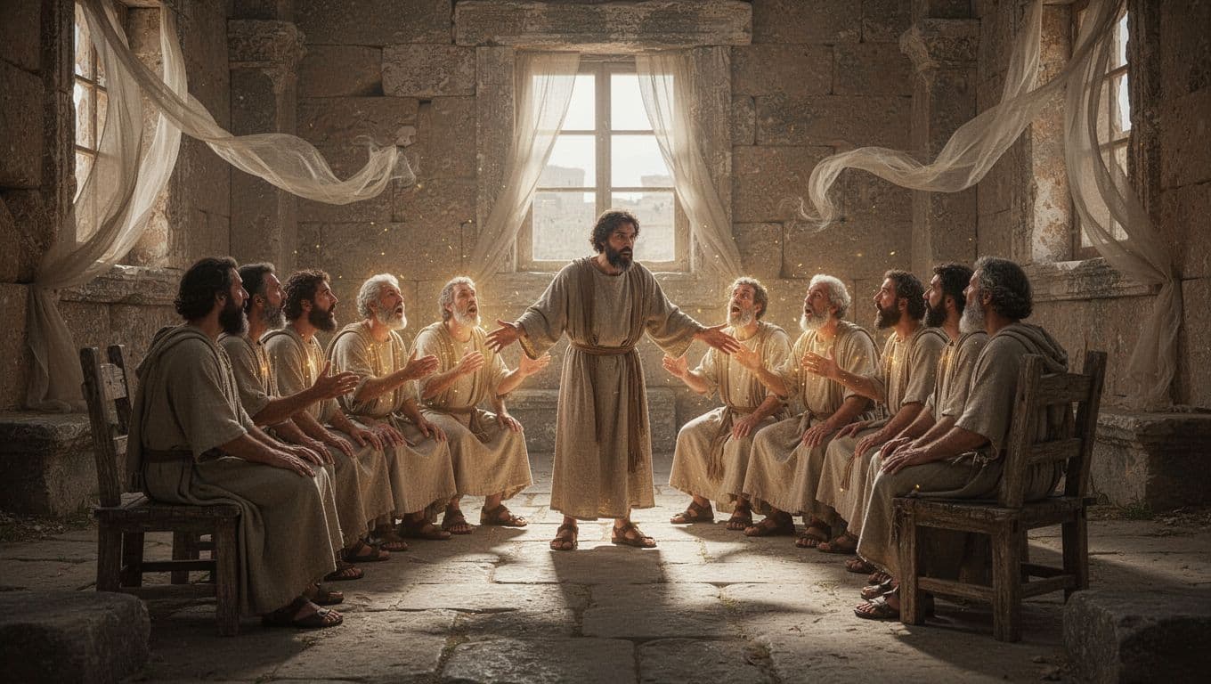 In a dimly lit ancient Ephesus room, Paul lays hands on twelve men who speak in tongues and prophesy as the Holy Spirit arrives with subtle wind and glowing auras.