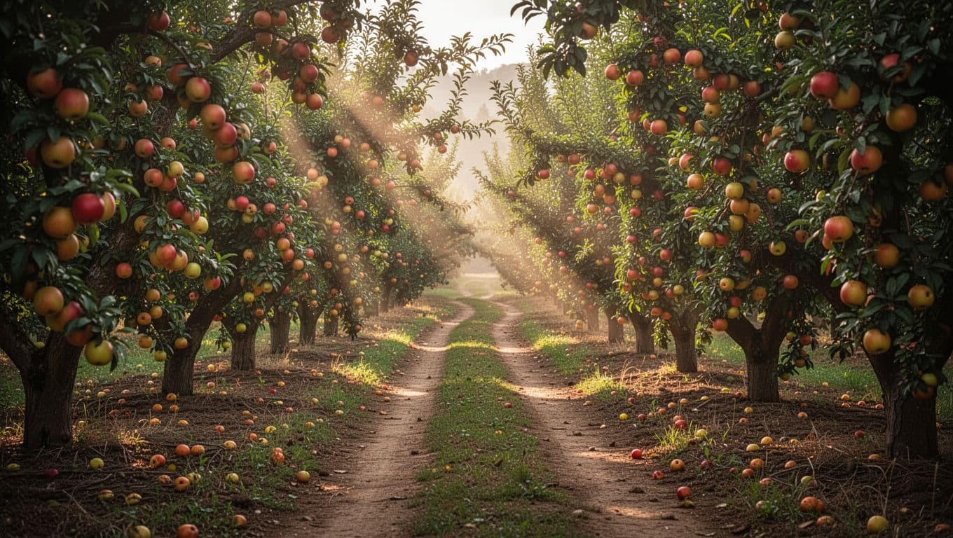 A peaceful path through a lush orchard heavy with ripe fruit under a soft ethereal glow, with rays of light filtering through leaves, in cinematic style with strong contrast, depth, dramatic lighting, and warm earth tones.