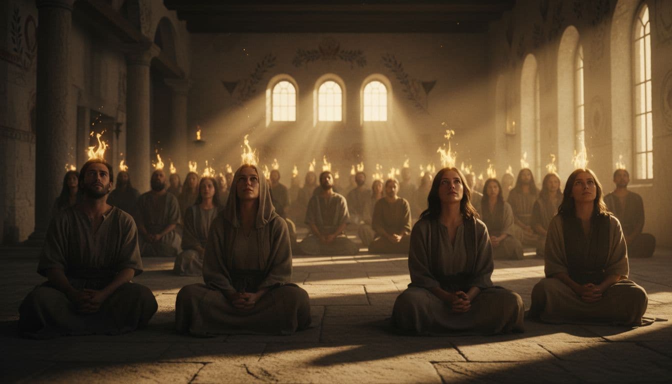 About 120 early Christians gathered in Jerusalem's ancient upper room at dawn, with subtle tongues of fire above each head, faces filled with awe, wonder, and unity, golden sunlight creating dramatic rays and shadows.