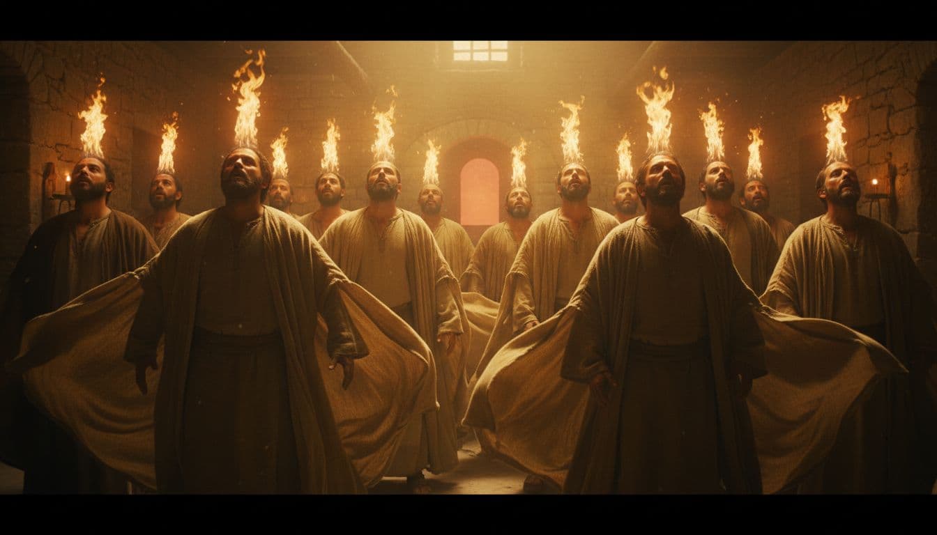 Twelve first-century disciples with awe-struck expressions gathered in the upper room during Pentecost, with tongues of fire above each head, billowing robes suggesting a mighty wind, and dramatic golden light creating strong contrasts.