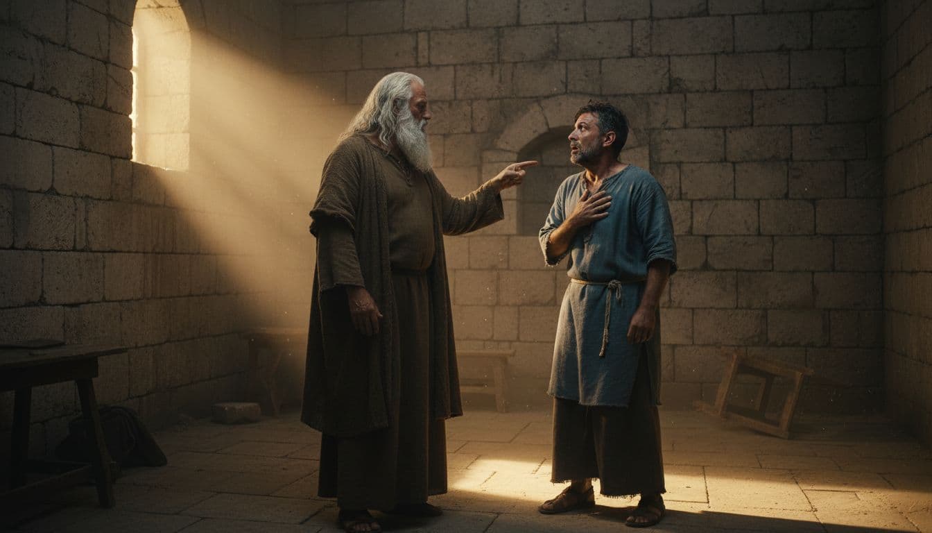 Bearded Peter in robe raises hand confronting shocked Ananias clutching chest in sunlit ancient stone room.