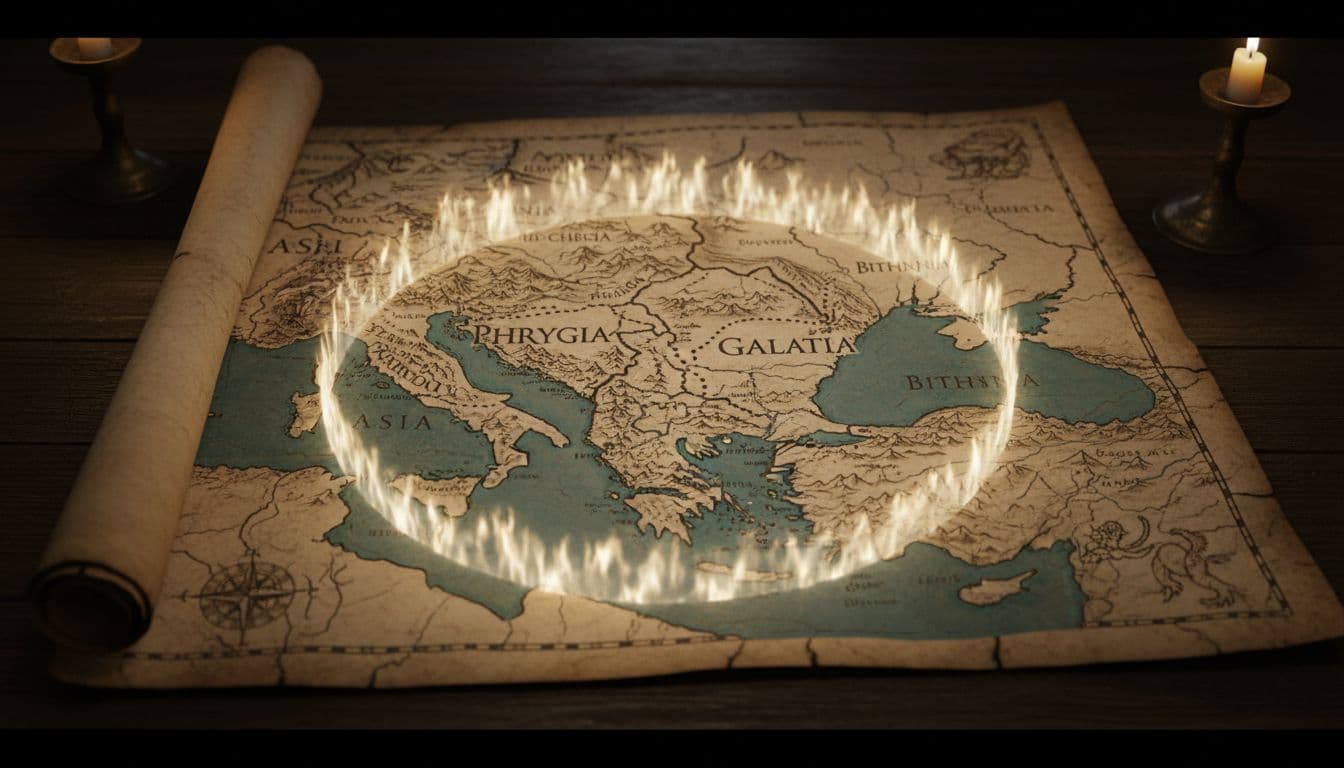Parchment map of Phrygia and Galatia in Asia Minor shows glowing barrier blocking paths to Asia and Bithynia.