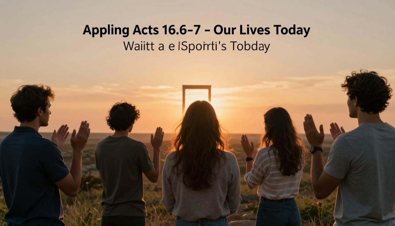 Five diverse people in casual clothes form prayer circle outdoors at sunset, hands raised toward distant closed door.