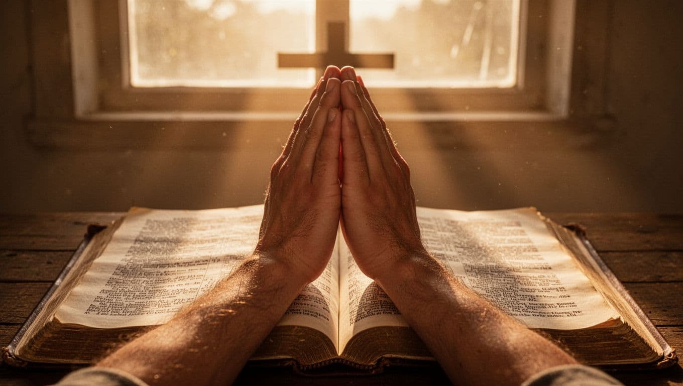 Folded hands in prayer resting on open New Testament Bible pages from Matthew chapter 8, illuminated by soft golden hour light with subtle cross glow and warm reverent tones.