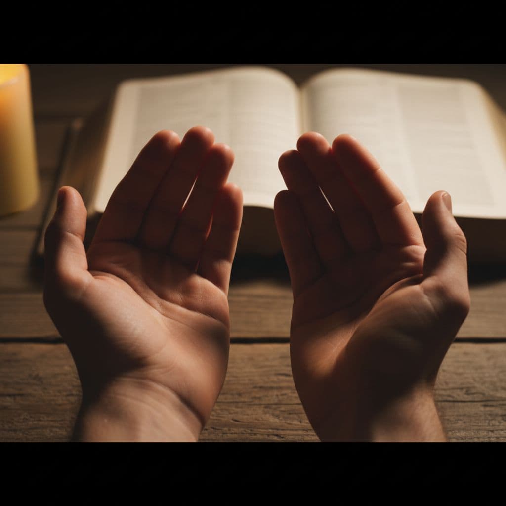 Two relaxed hands raised in prayer against a blurred background of an open Bible on a wooden table, with warm candlelight casting dramatic shadows in a cinematic style.