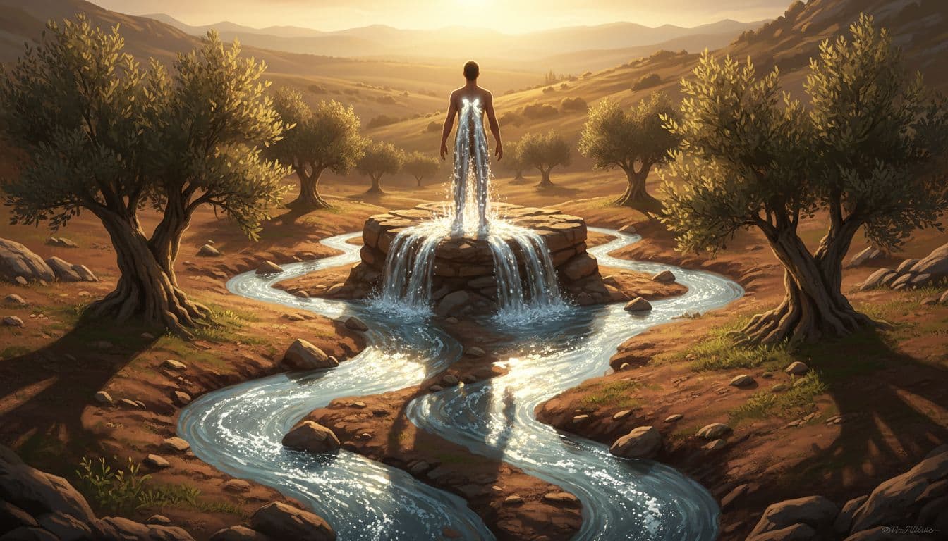 Sparkling rivers of living water flow abundantly from the heart of a single believer in a sunlit ancient Judean landscape with rocks and olive trees, symbolizing spiritual outpouring.