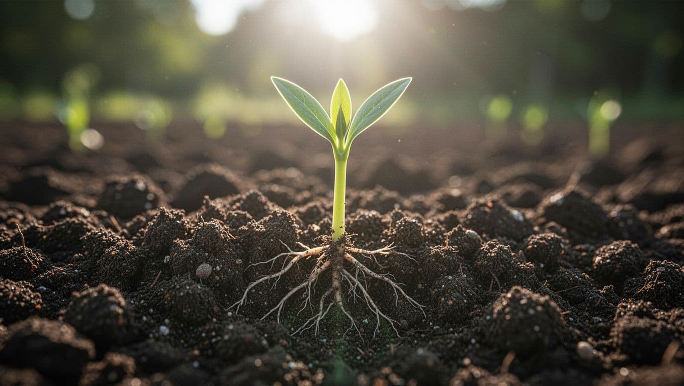 A single seed sprouts from dark soil into bright sunlight, with visible roots below ground and a green shoot emerging above, symbolizing the transition from fleshly birth to spiritual rebirth in John 3:5-6.