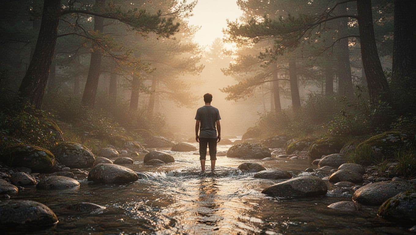A single person stands in a clear stream over rocks in a forest at dawn, backlit with halo glow.