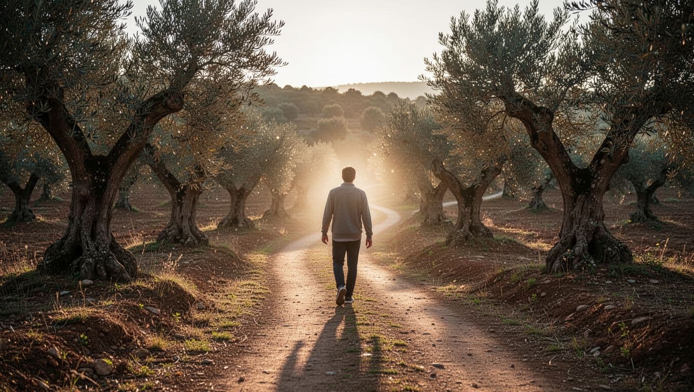 One person walks sunlit winding path through ancient olive grove at dawn, subtle ethereal glow around them.