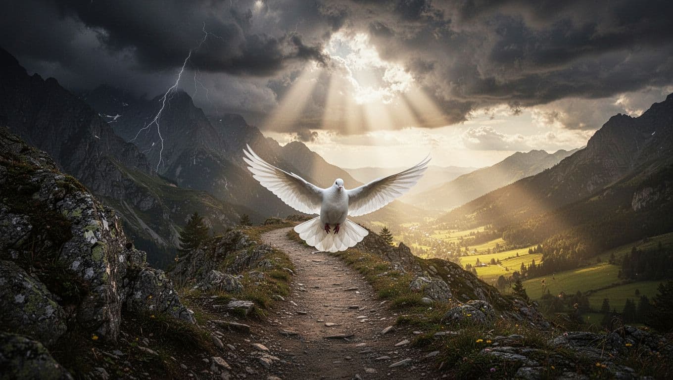 Rugged path winds through dark stormy mountains to bright valley in golden light, white dove flying along.