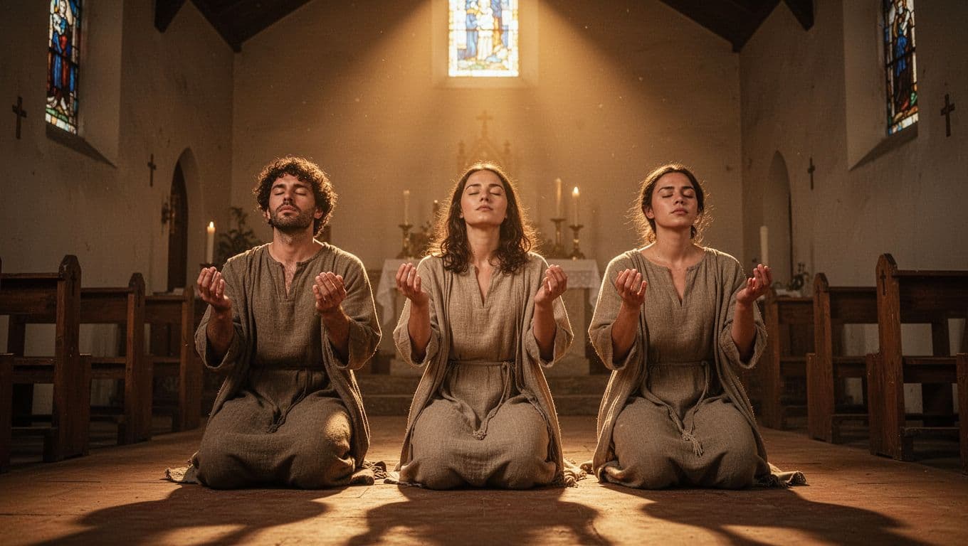 A diverse group of three believers kneels in serene prayer inside a simple church at dusk, illuminated by warm golden light beams descending from above symbolizing the Holy Spirit.