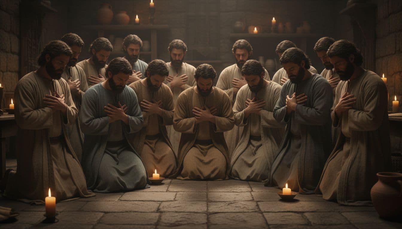 First-century Jewish disciples in simple robes kneel closely together in a dimly lit upper room in ancient Jerusalem, their earnest faces illuminated by warm candlelight casting dramatic shadows.