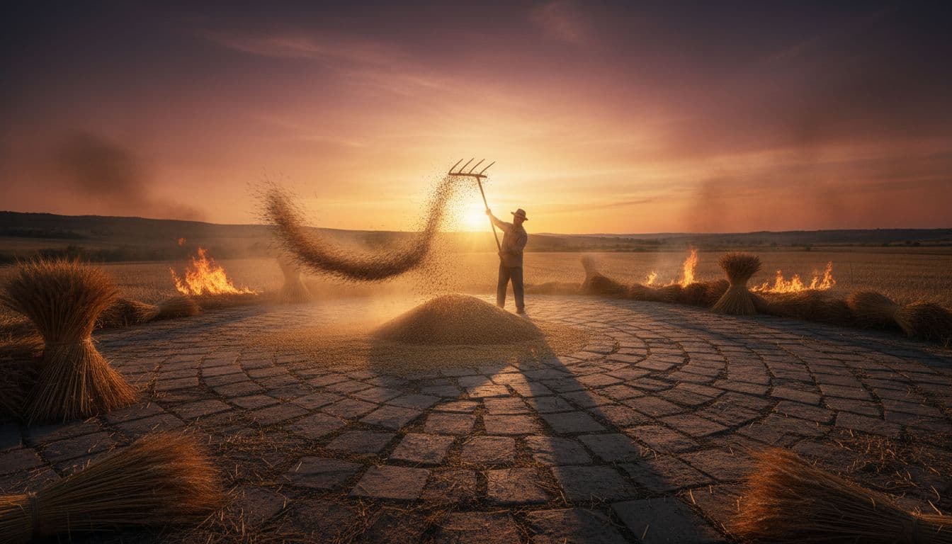 Winnowing fork separates golden wheat bundles from flying chaff on an ancient threshing floor at sunset, with a distant farmer in the rustic field background, cinematic style with dramatic lighting.