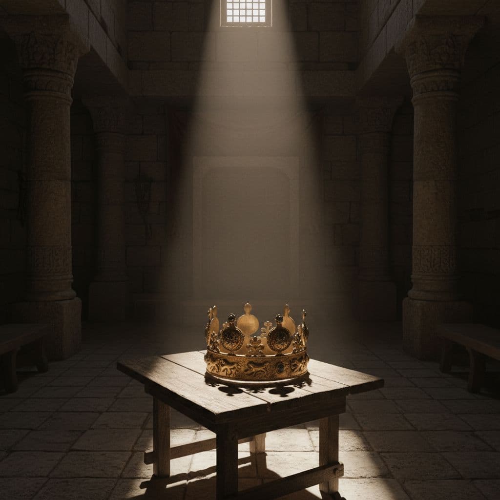 An ornate golden crown rests upon a weathered wooden table inside a dark stone chamber. A single intense light beam pierces the gloom, highlighting the heavy atmosphere of this desolate space.