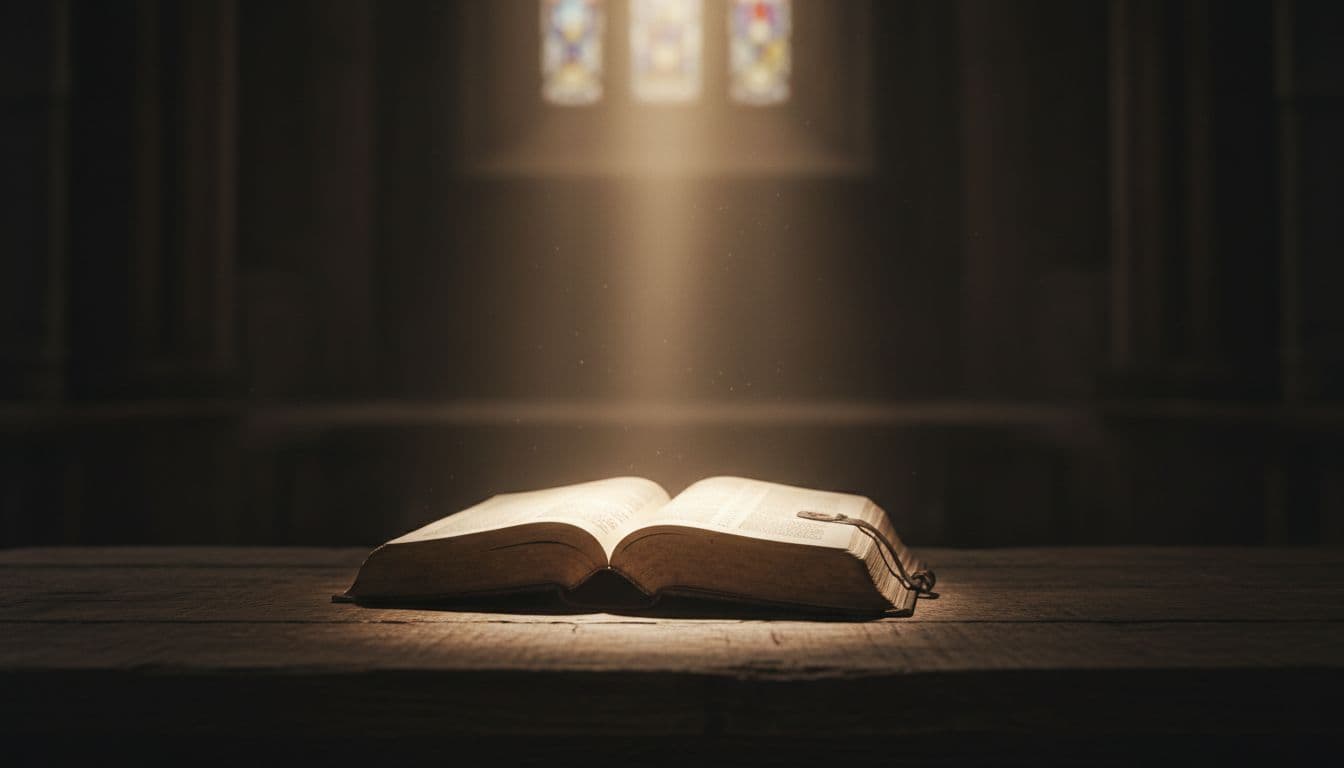 Close-up of open ancient Bible on wooden table in dimly lit room with golden light beam on page.