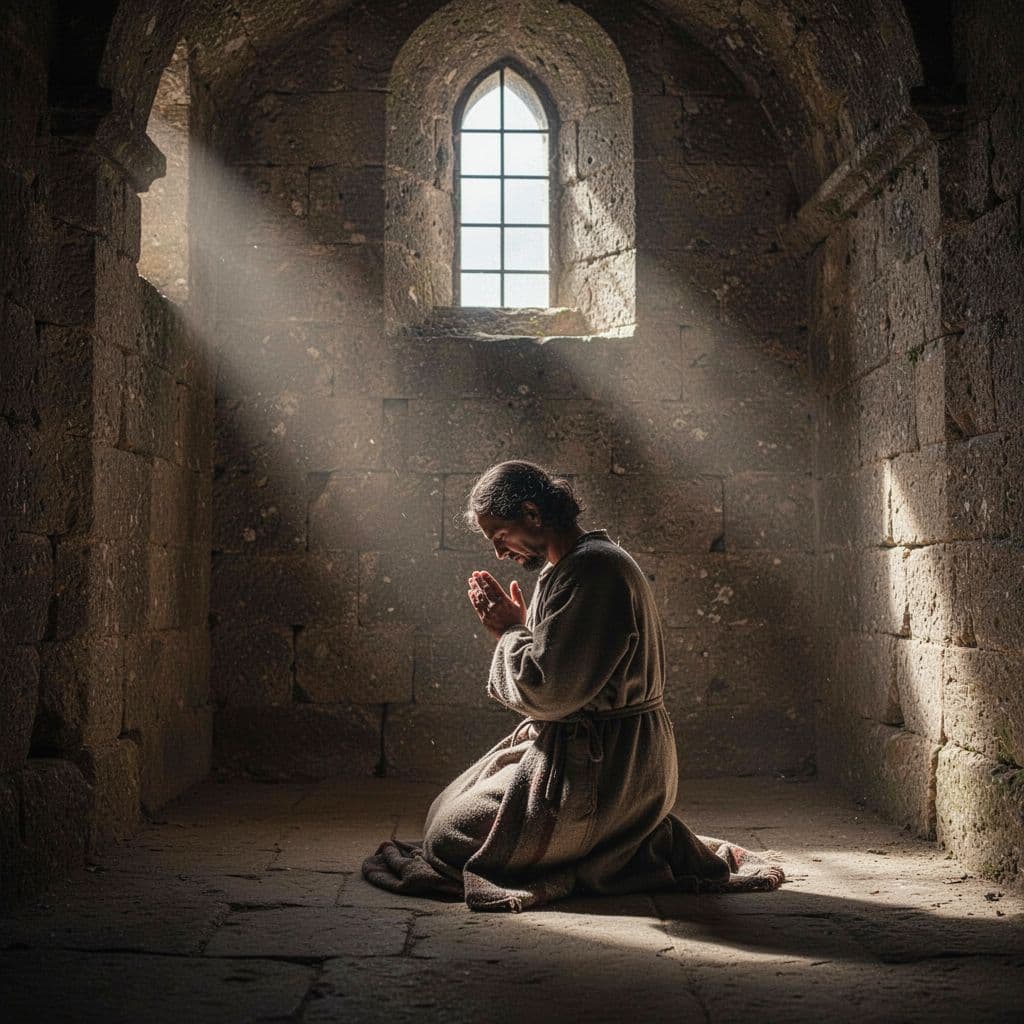 A lone figure in humble clothing kneels in prayer within a dimly lit ancient stone chamber.