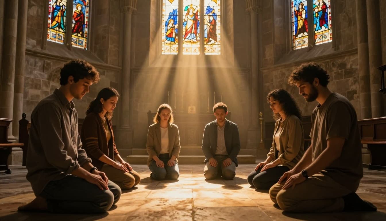Four diverse believers kneel in prayer inside ancient stone church, golden light through stained glass illuminating upraised hands.