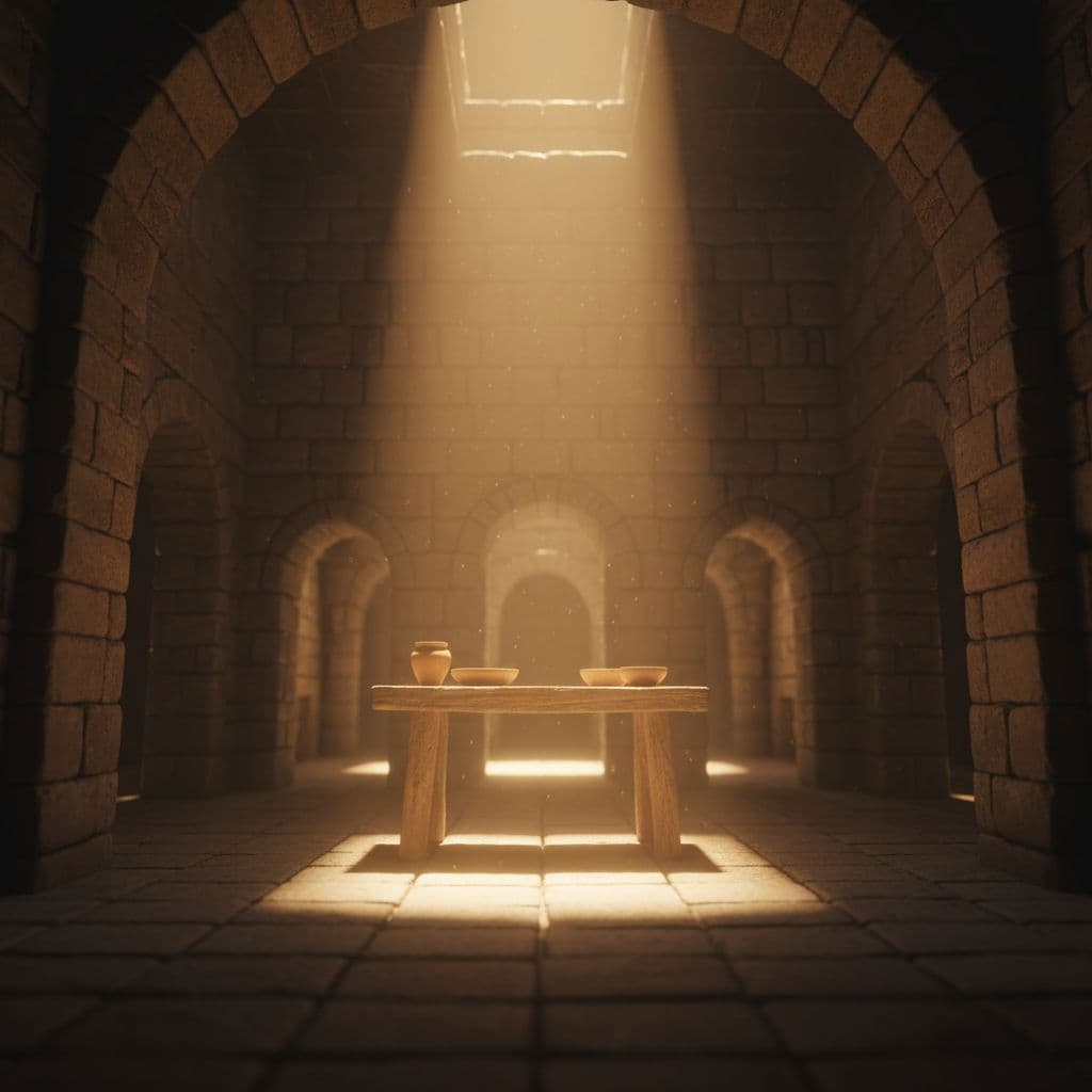 Golden light streams through an invisible opening into a rustic stone room, illuminating a lone wooden altar. Dust motes dance within the radiant beams, creating a serene and heavy spiritual atmosphere.