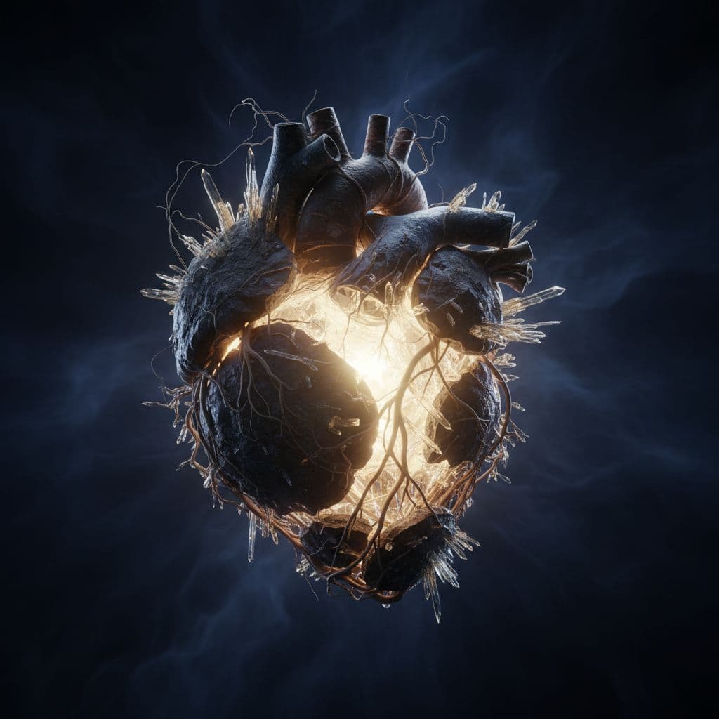 A textured, sculptural heart form rests against a deep shadowy backdrop, emanating a warm, intense light from its core. Wisps of soft golden radiance escape through the intricate, porous surface details.