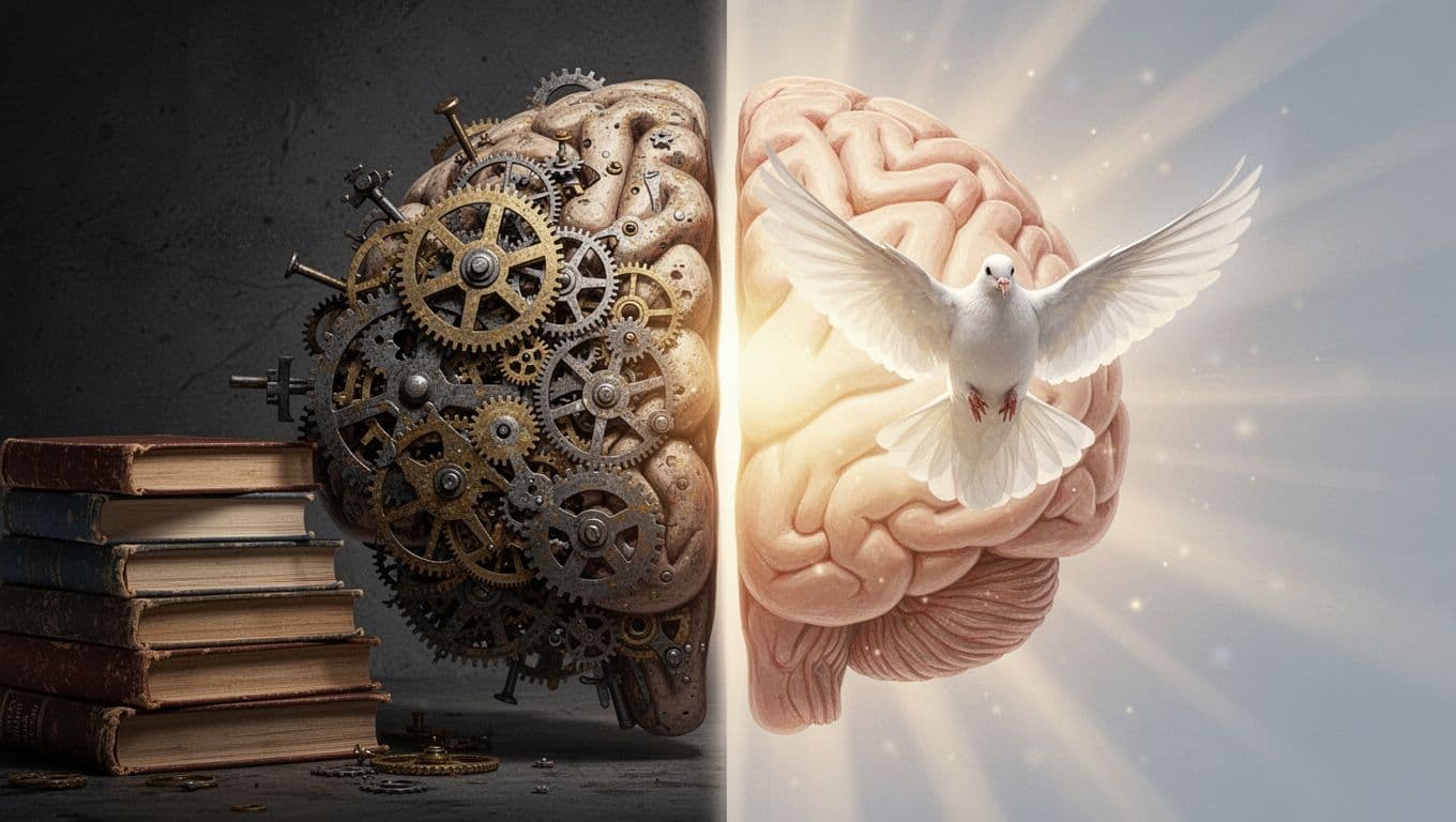 Split brain with left side cluttered by gears and books, right side serene with light and dove.