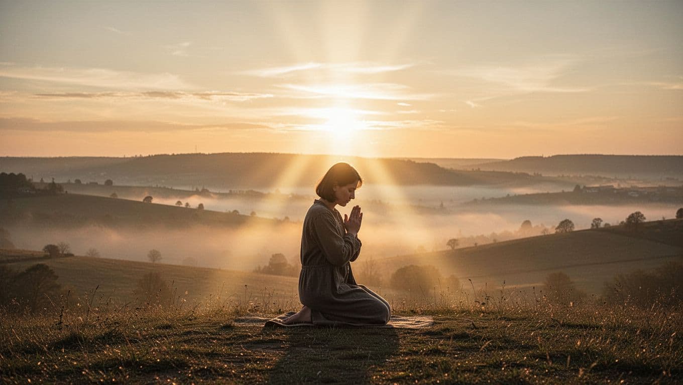 Person kneels with clasped hands in vast landscape at dawn, ethereal glow touching head.